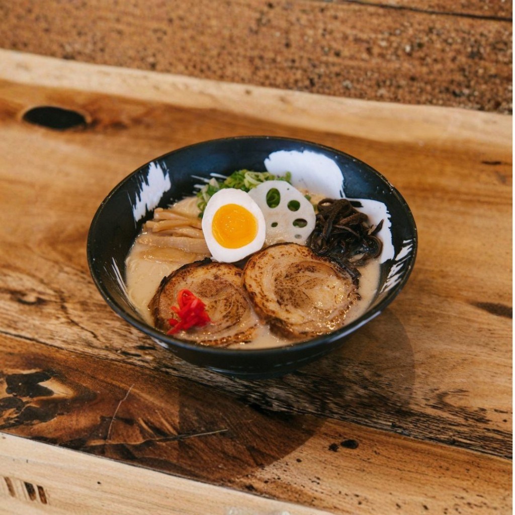 Hiroshi Tonkotsu Ramen with chashu, soft-boiled egg, lotus root and wood ear mushrooms